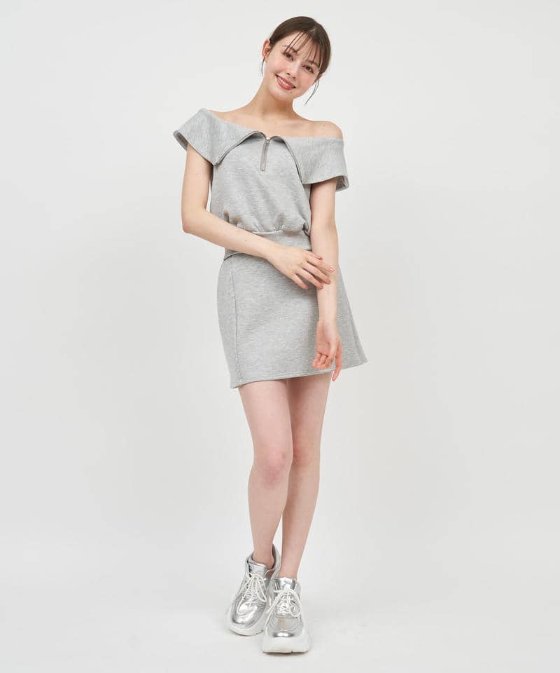 ハーフZIPオフショルカットトップス 詳細画像 グレー 2