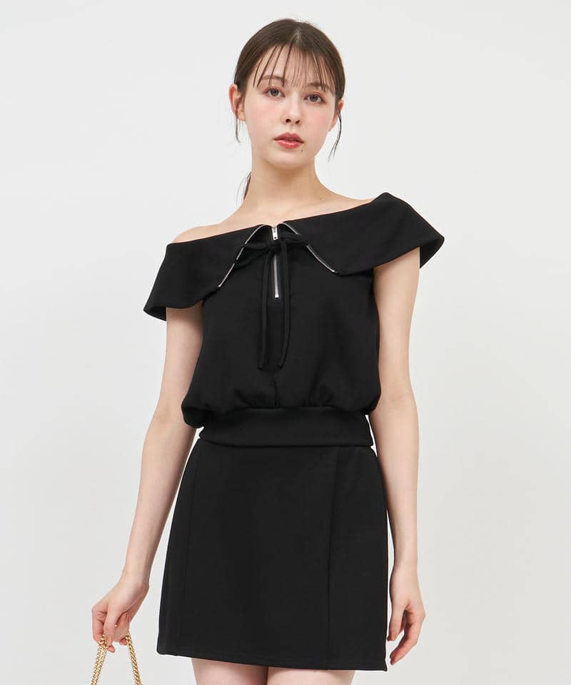 ハーフZIPオフショルカットトップス 詳細画像 ブラック 1