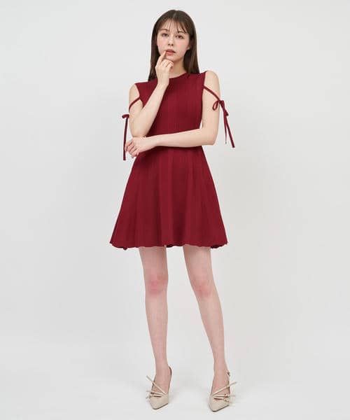 リボンストリングニットミニフレアワンピース 詳細画像