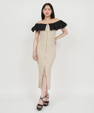 オフショルドッキングダブルZIPニットタイトワンピース