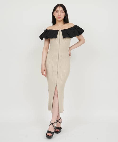 オフショルドッキングダブルZIPニットタイトワンピース 詳細画像