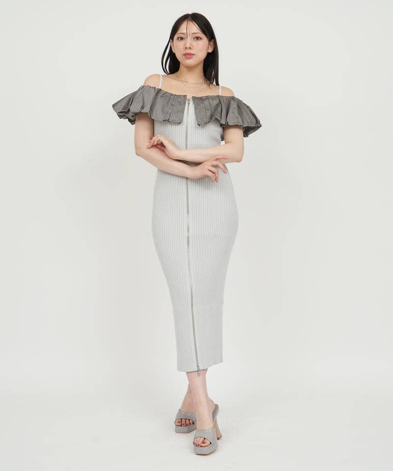 オフショルドッキングダブルZIPニットタイトワンピース 詳細画像 ライトグレー 1