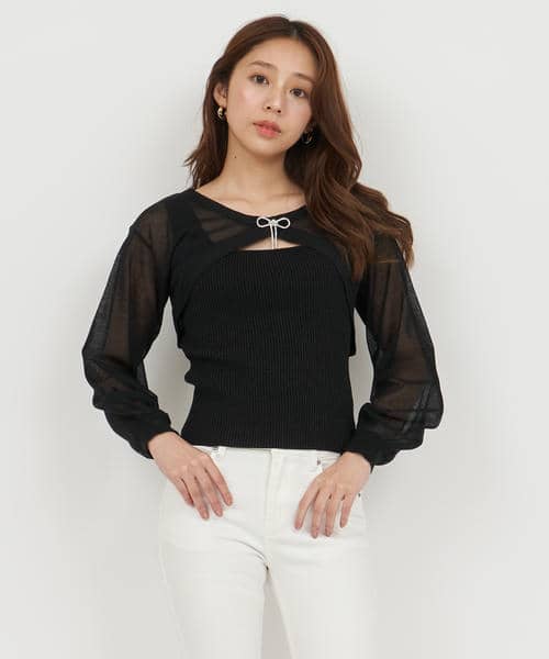 キラキラリボンブローチ付シアーボレロアンサンブル 詳細画像