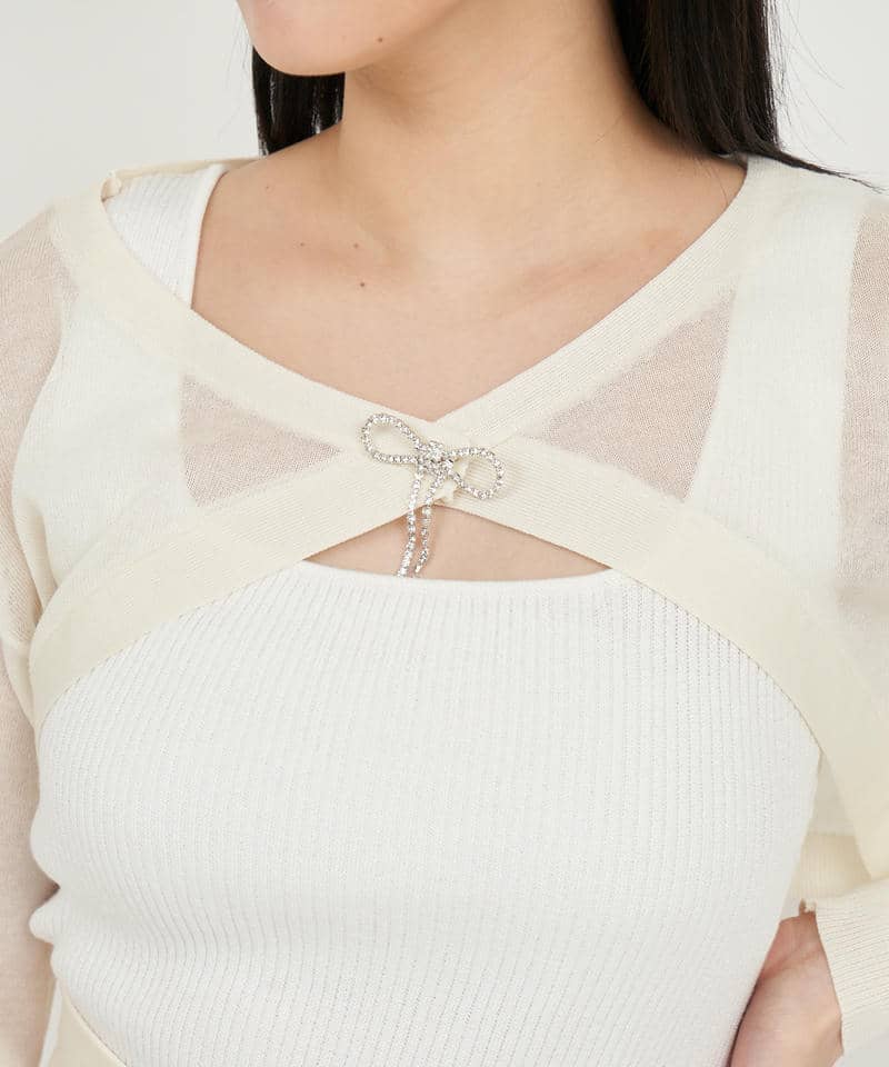 キラキラリボンブローチ付シアーボレロアンサンブル 詳細画像 オフホワイト 4