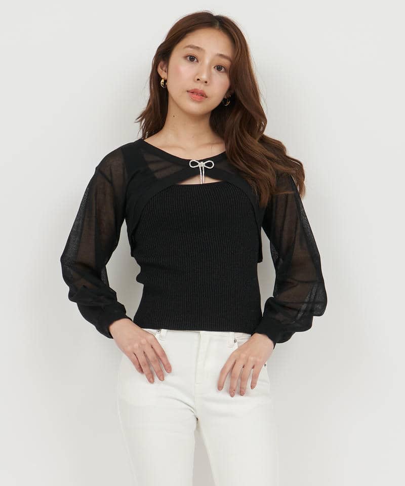 キラキラリボンブローチ付シアーボレロアンサンブル 詳細画像 ブラック 1