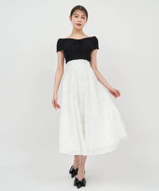 オフショルニットドッキング3Dフラワーフレアワンピース