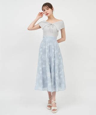 オフショルニットドッキング3Dフラワーフレアワンピース