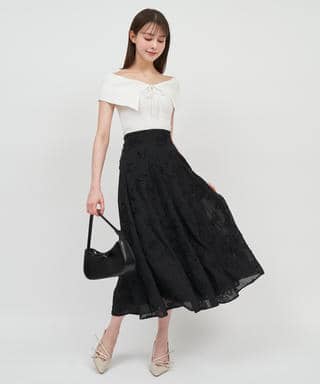 オフショルニットドッキング3Dフラワーフレアワンピース