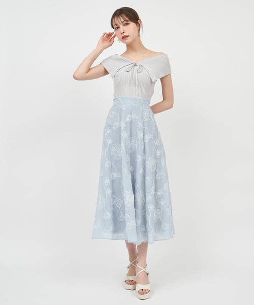 オフショルニットドッキング3Dフラワーフレアワンピース 詳細画像