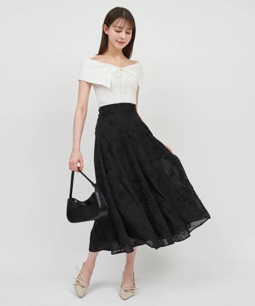 オフショルニットドッキング3Dフラワーフレアワンピース 詳細画像