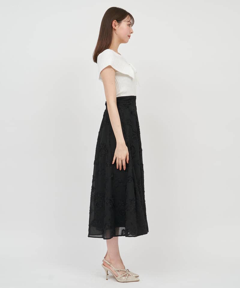 オフショルニットドッキング3Dフラワーフレアワンピース 詳細画像 ブラック 2