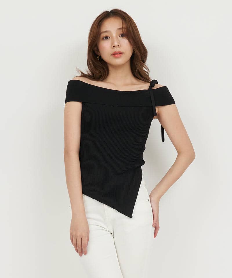 アシンメトリーニットトップス 詳細画像 ブラック 1