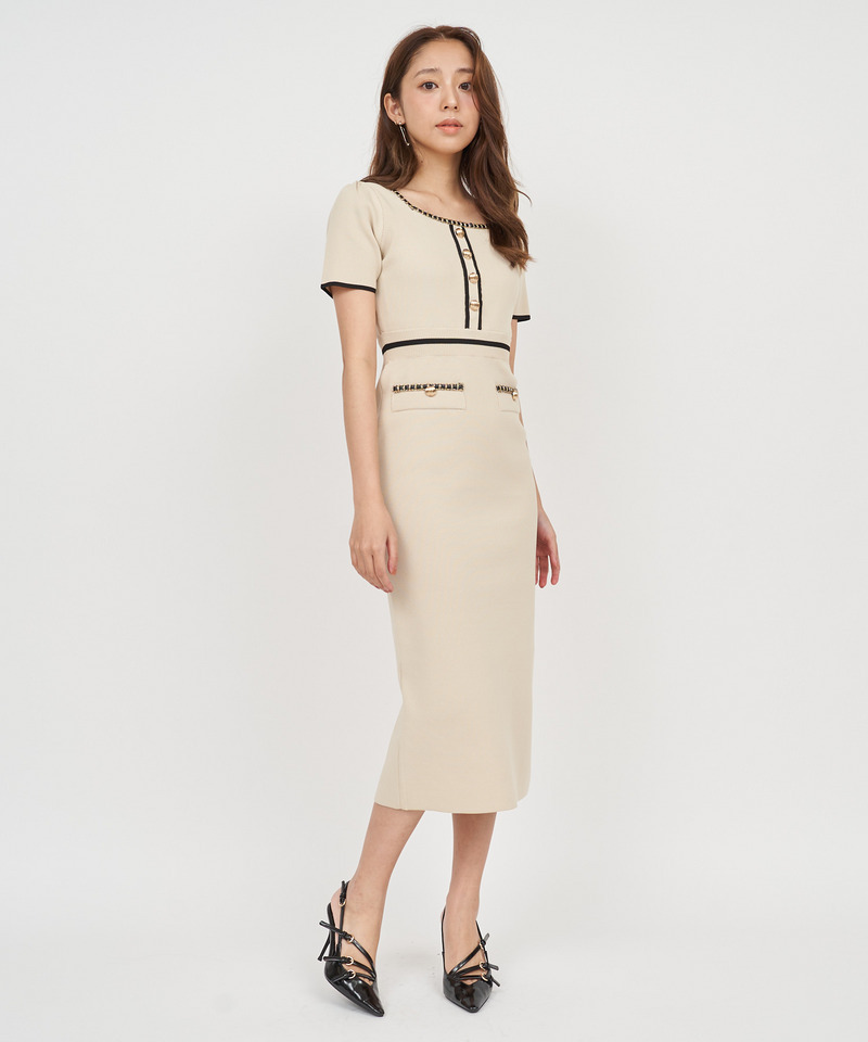 チェーン配色タイトワンピース 詳細画像 ベージュ 1