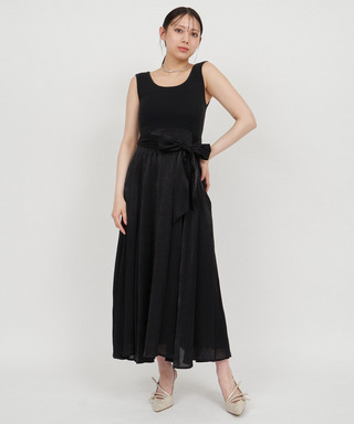 ウエストリボン2way異素材ドッキングフレアワンピース