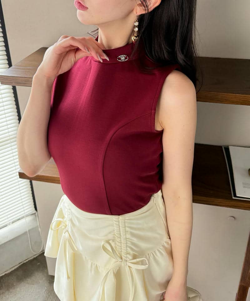 プレート付プチハイノースリーブカットトップス 詳細画像 ボルドー 3
