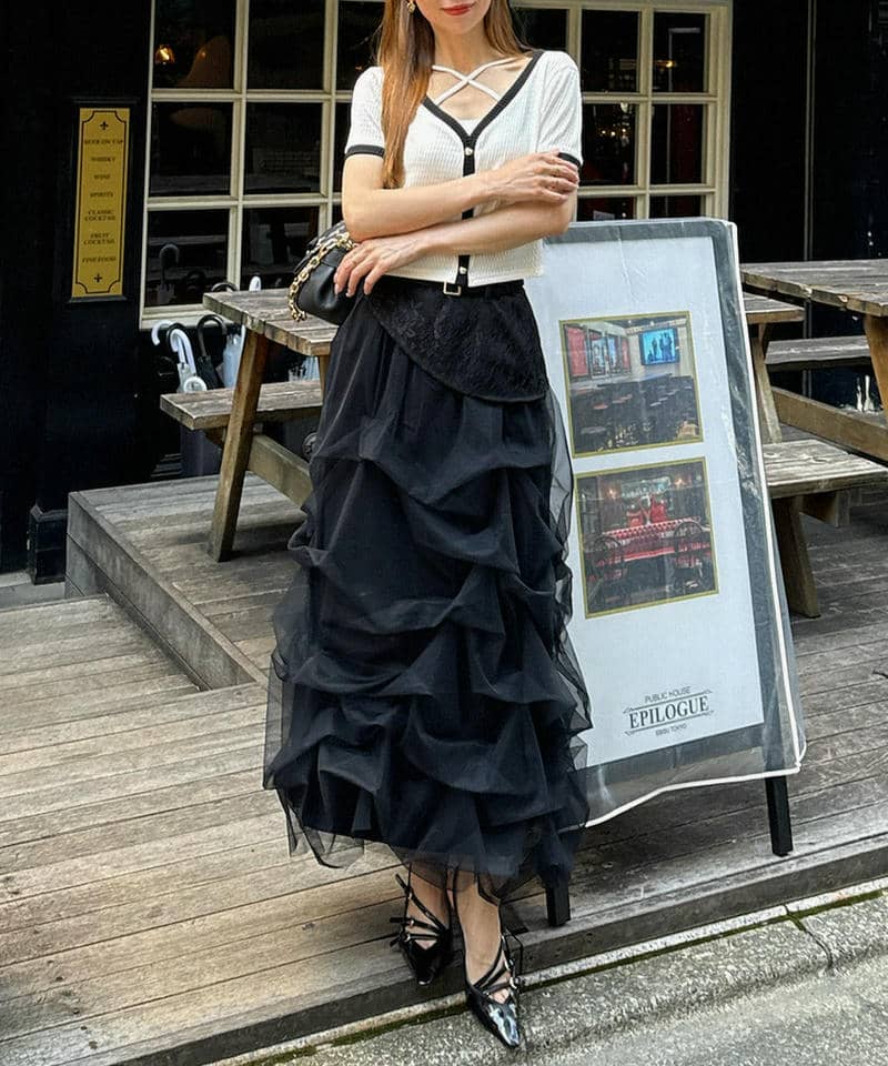 コルセット風レースドッキングチュールスカート 詳細画像 ブラック 6