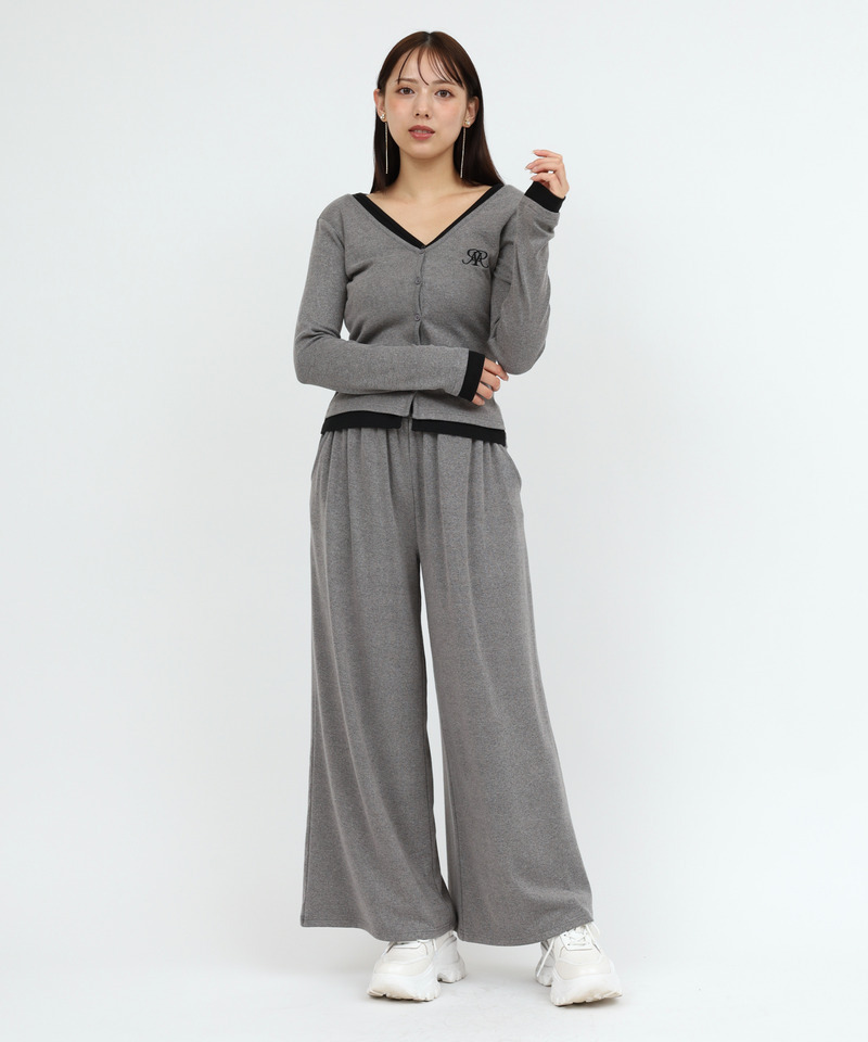 【セット購入】レイヤード風配色カーデカットトップス×カットワイドパンツ 詳細画像 トップス(グレー)×パンツ(グレー) 1