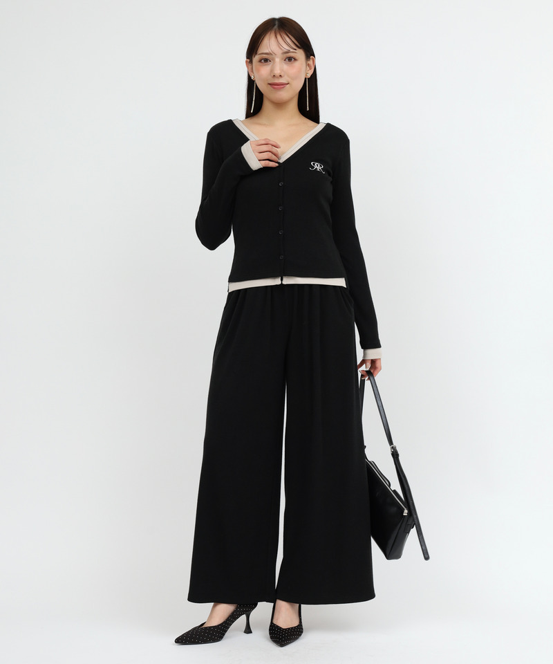 【セット購入】レイヤード風配色カーデカットトップス×カットワイドパンツ 詳細画像 トップス(ブラック)×パンツ(ブラック) 1