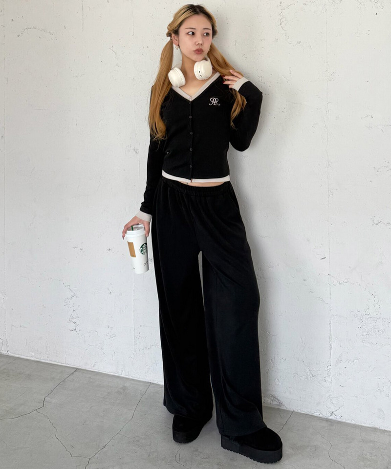 【セット購入】レイヤード風配色カーデカットトップス×カットワイドパンツ 詳細画像 トップス(ブラック)×パンツ(ブラック) 13