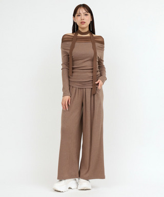 【セット購入】デコルテシアーオフショルダーカットトップス×カットワイドパンツ