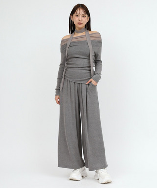 【セット購入】デコルテシアーオフショルダーカットトップス×カットワイドパンツ