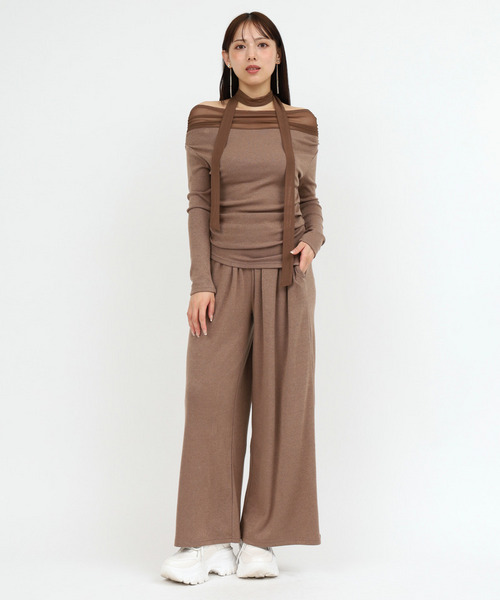 【セット購入】デコルテシアーオフショルダーカットトップス×カットワイドパンツ 詳細画像