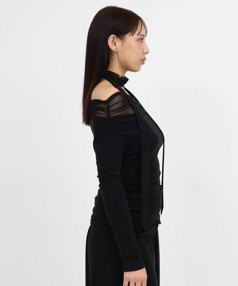 【セット購入】デコルテシアーオフショルダーカットトップス×カットワイドパンツ 詳細画像 トップス(ブラック)×パンツ(ブラック) 2