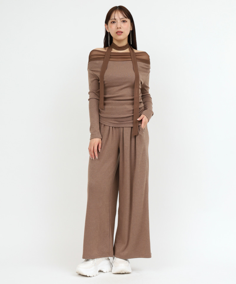 【セット購入】デコルテシアーオフショルダーカットトップス×カットワイドパンツ 詳細画像 トップス(ブラウン)×パンツ(ブラウン) 1