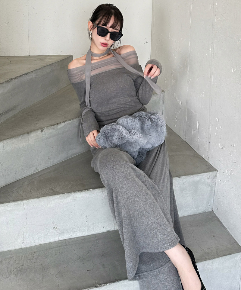 【セット購入】デコルテシアーオフショルダーカットトップス×カットワイドパンツ 詳細画像 トップス(グレー)×パンツ(グレー) 2
