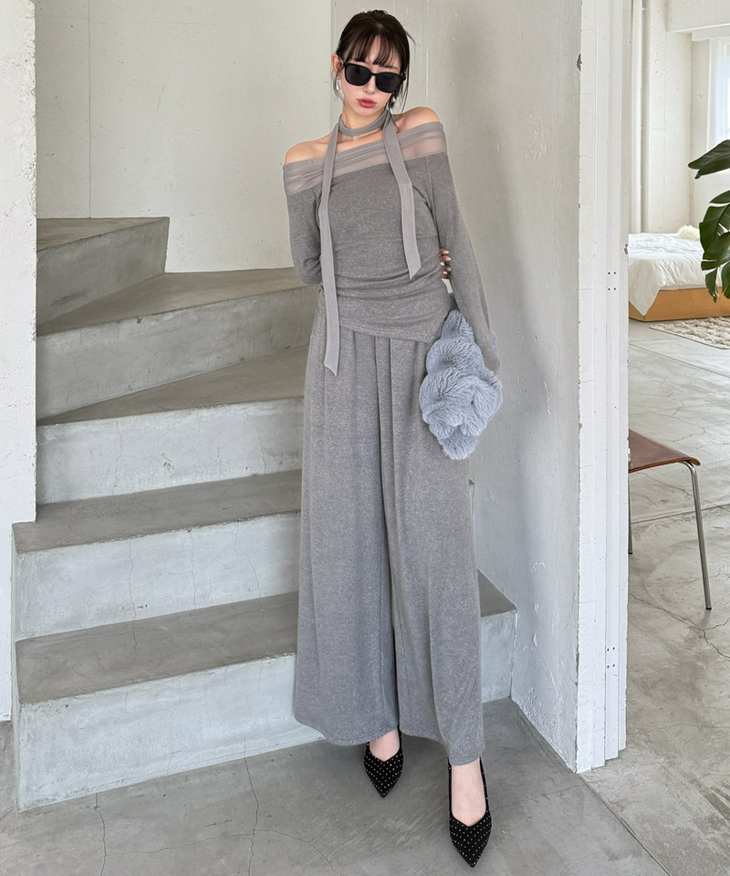 【セット購入】デコルテシアーオフショルダーカットトップス×カットワイドパンツ 詳細画像 トップス(グレー)×パンツ(グレー) 4