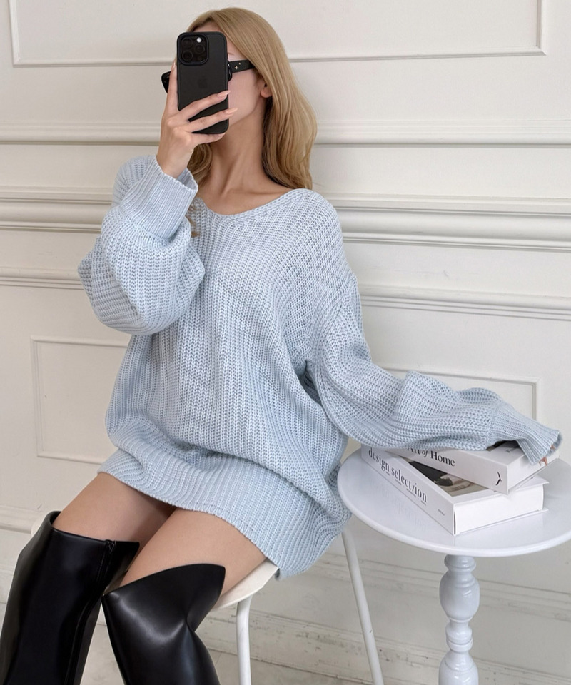 畦編みVネックニットチュニック 詳細画像 ブルー 3