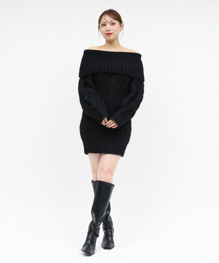 【単品購入/選べる3点SET対象】オフショルケーブルニットミニワンピース