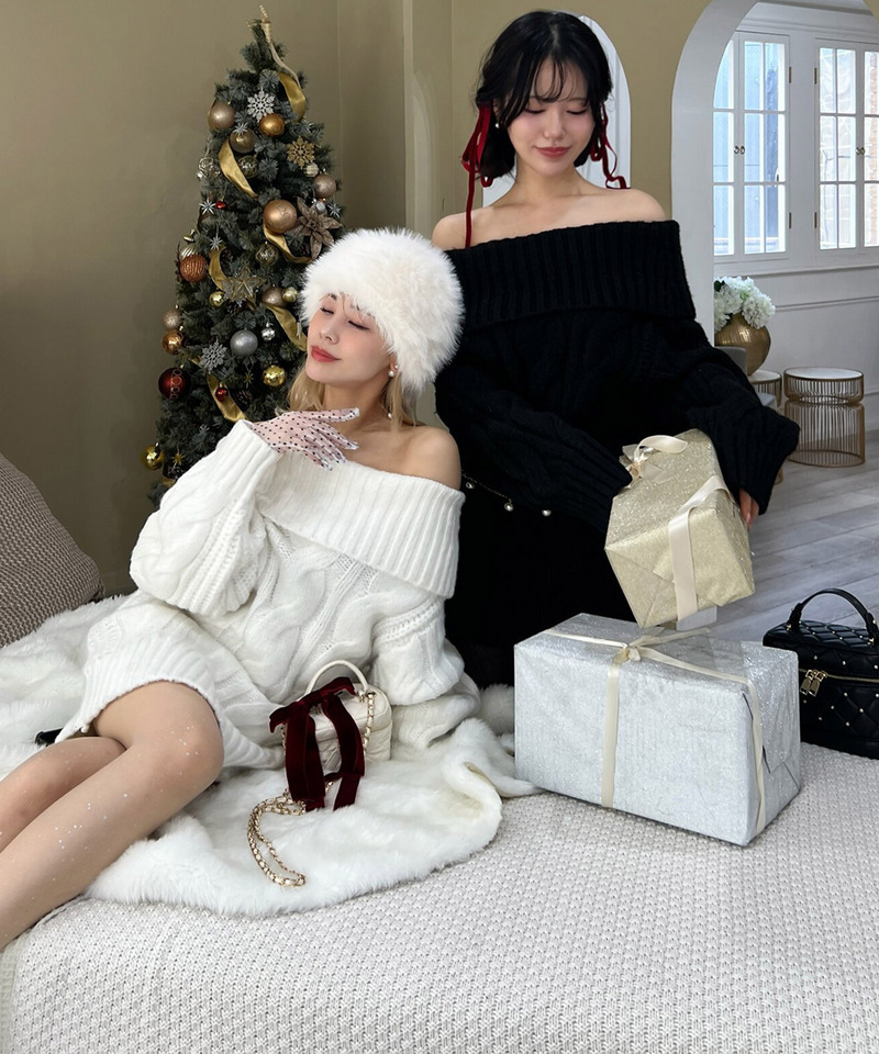 【選べる3点SET対象】オフショルケーブルニットミニワンピース 詳細画像 オフホワイト 8