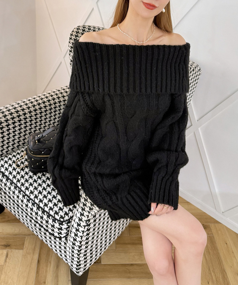 【選べる3点SET対象】オフショルケーブルニットミニワンピース 詳細画像 ブラック 5