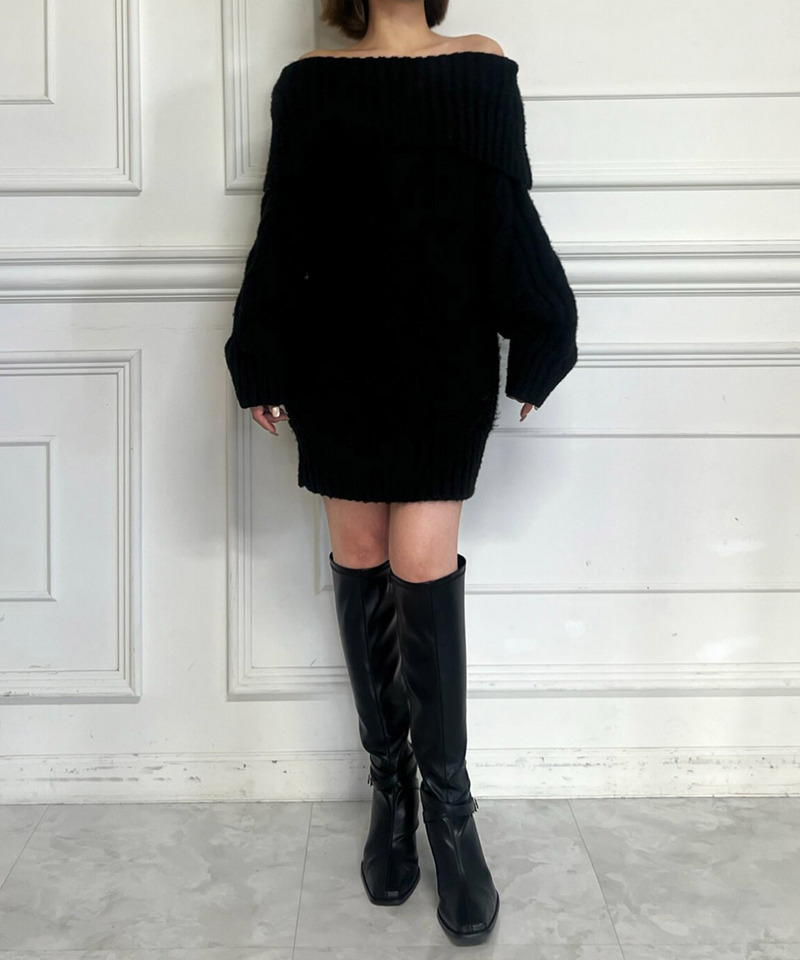 【選べる3点SET対象】オフショルケーブルニットミニワンピース 詳細画像 ブラック 6