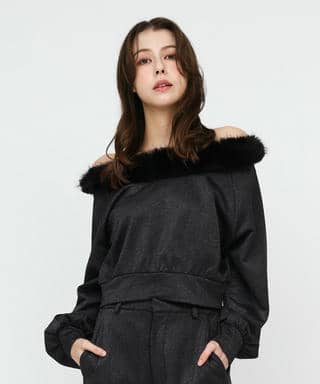 ファー付ラメ裏毛オフショルダートップス