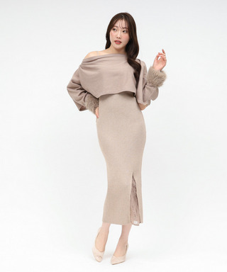 ファーポンチョ付スリットレースニットタイトワンピース