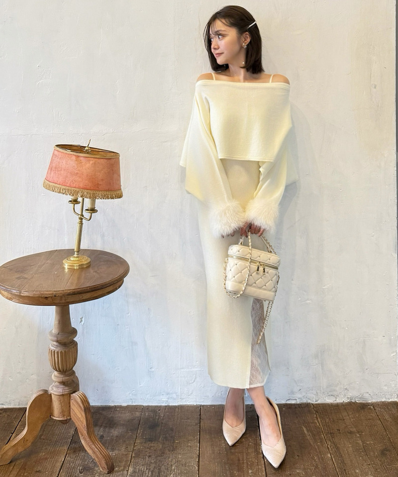 ファーポンチョ付スリットレースニットタイトワンピース 詳細画像 オフホワイト 10