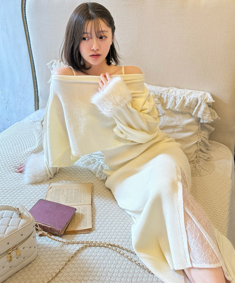 ファーポンチョ付スリットレースニットタイトワンピース 詳細画像 オフホワイト 11