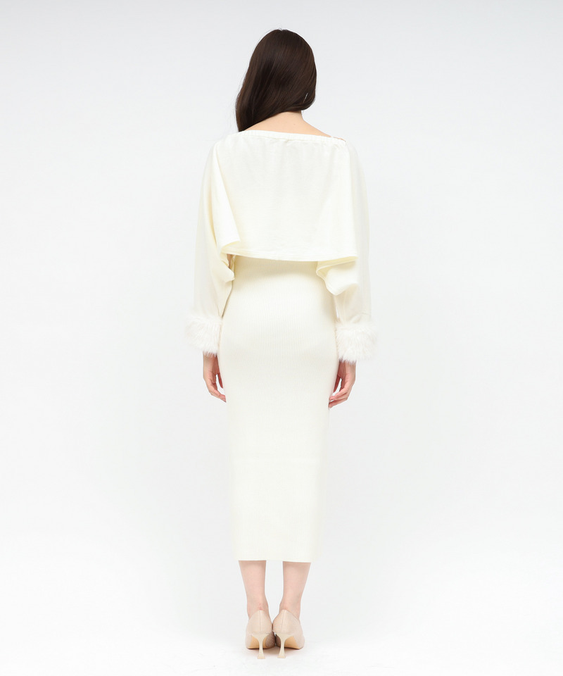 ファーポンチョ付スリットレースニットタイトワンピース 詳細画像 オフホワイト 3