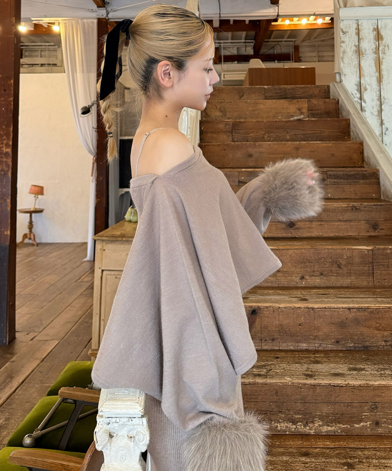 ファーポンチョ付スリットレースニットタイトワンピース 詳細画像 モカ 4