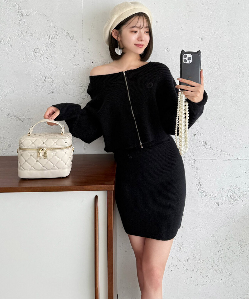 ラメZIPニットミニスカートセットアップ 詳細画像 ブラック 9