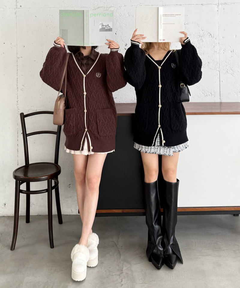 エンブレム刺しゅうケーブルラインカーディガン 詳細画像 ブラウン 11