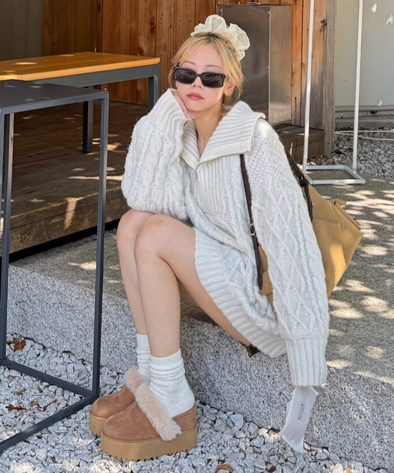 ハーフZIPケーブルミニワンピース 詳細画像 オフホワイト 11