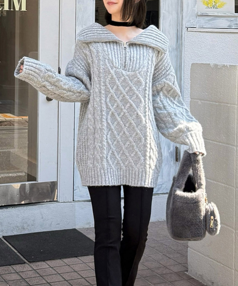 ハーフZIPケーブルミニワンピース 詳細画像 グレー 2