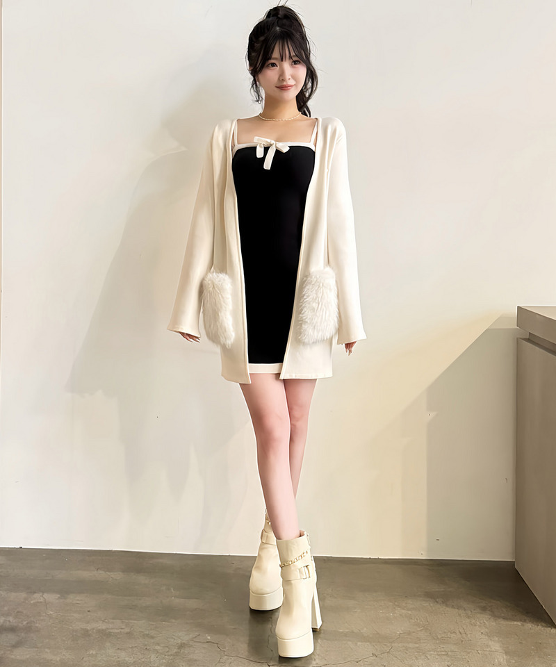 【セット購入】リボン付アソートニットタイトミニワンピース×ファーポケットミドルニットカーディガン 詳細画像 ワンピース（ブラック）×カーディガン（オフホワイト） 5