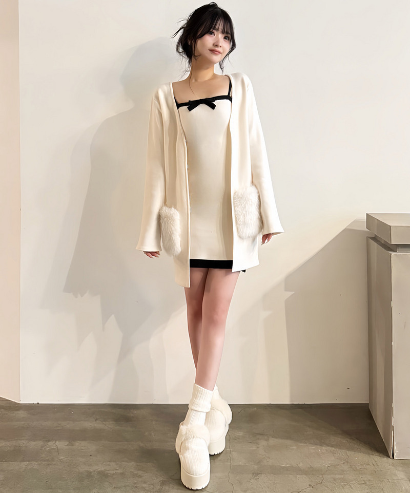 【セット購入】リボン付アソートニットタイトミニワンピース×ファーポケットミドルニットカーディガン 詳細画像 ワンピース（オフホワイト）×カーディガン（オフホワイト） 5