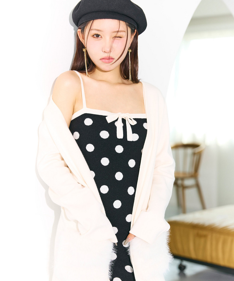 【セット購入】リボン付アソートニットタイトミニワンピース×ファーポケットミドルニットカーディガン 詳細画像 ワンピース（ドット）×カーディガン（オフホワイト） 9