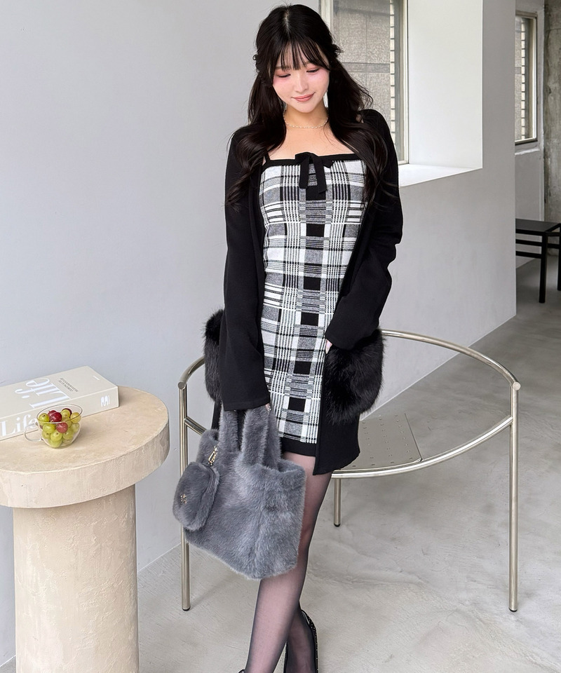 【セット購入】リボン付アソートニットタイトミニワンピース×ファーポケットミドルニットカーディガン 詳細画像 ワンピース（チェック）×カーディガン（ブラック） 7
