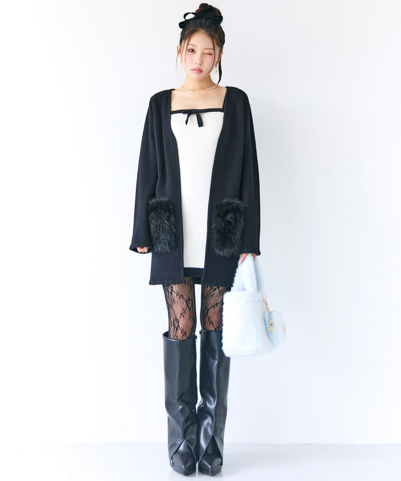 【セット購入】リボン付アソートニットタイトミニワンピース×ファーポケットミドルニットカーディガン 詳細画像 ワンピース（オフホワイト）×カーディガン（ブラック）	 5